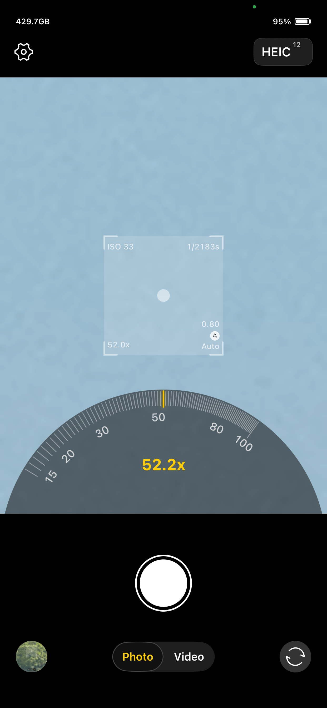 TeleCam camera interface at 52.2× zoom