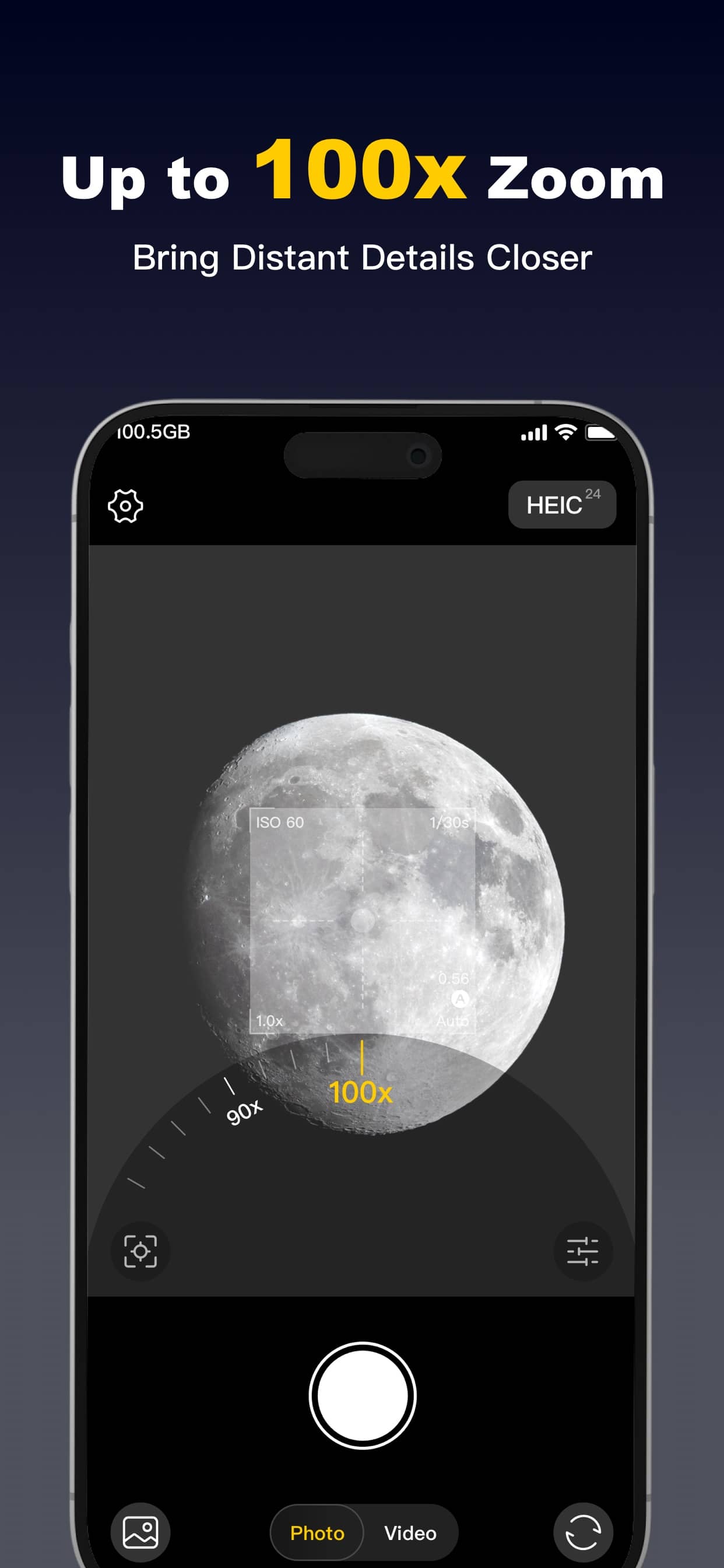 TeleCam at 100× zoom focused on the moon